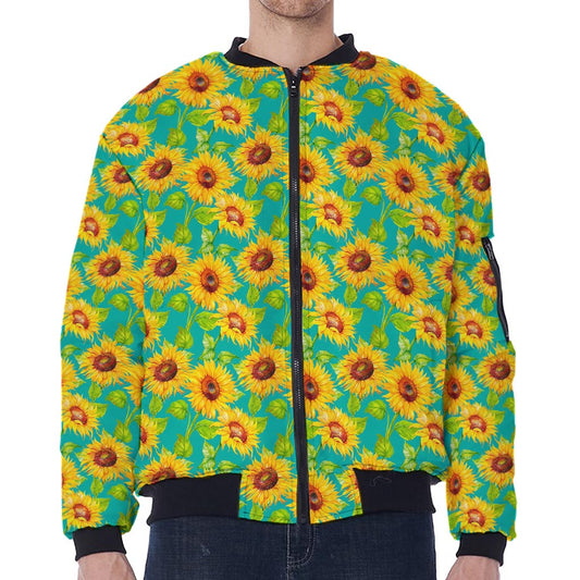 Teal Watercolor Sunflower Pattern Print Zip Sleeve Bomber Jacket