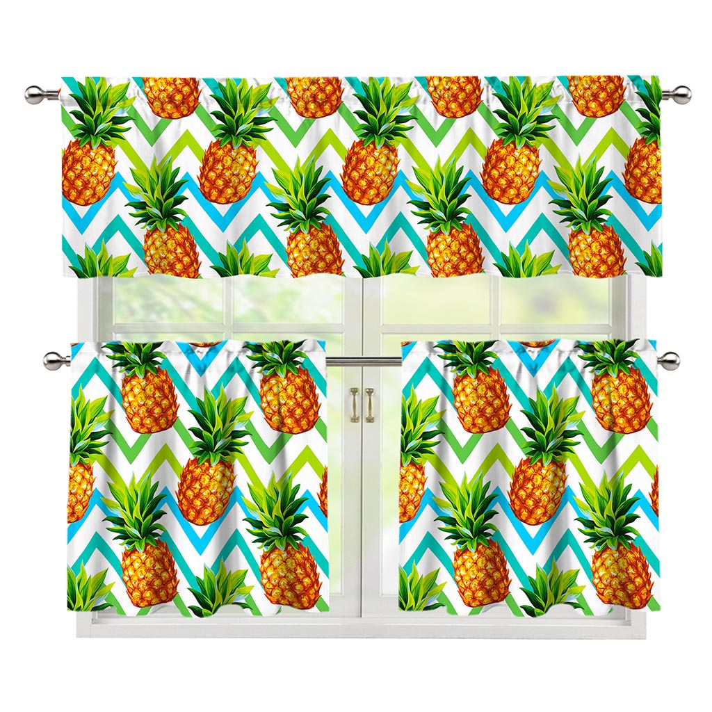 Teal Zig Zag Pineapple Pattern Print 3 Piece Kitchen Curtains