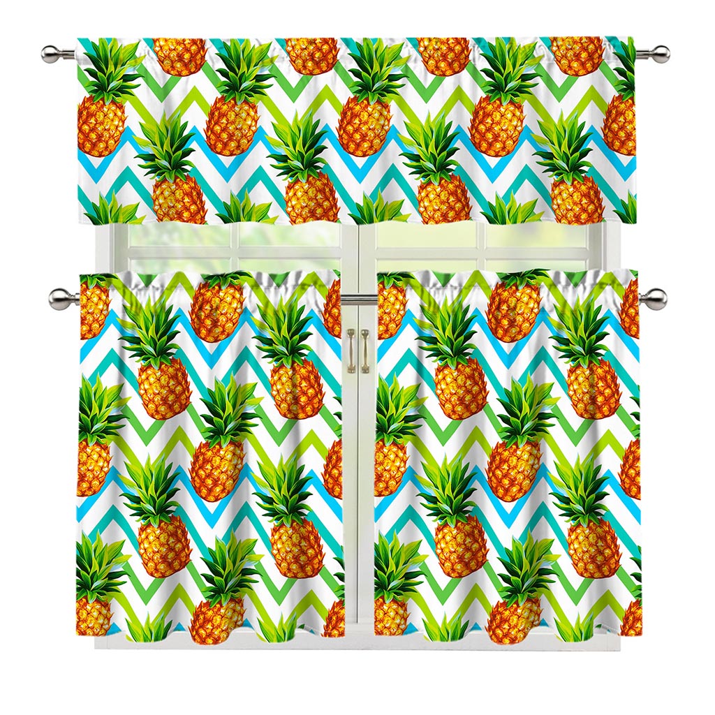 Teal Zig Zag Pineapple Pattern Print 3 Piece Kitchen Curtains