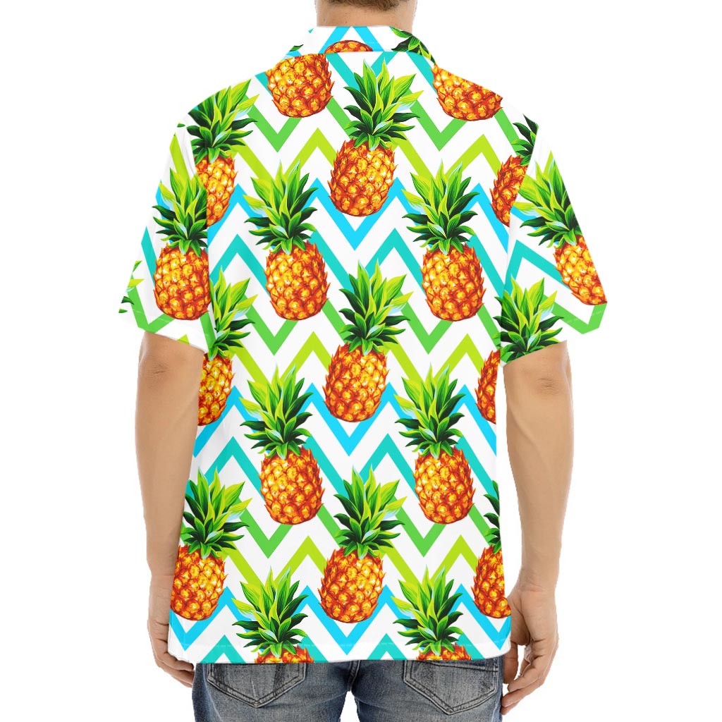 Teal Zig Zag Pineapple Pattern Print Aloha Shirt