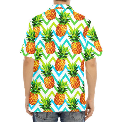 Teal Zig Zag Pineapple Pattern Print Aloha Shirt