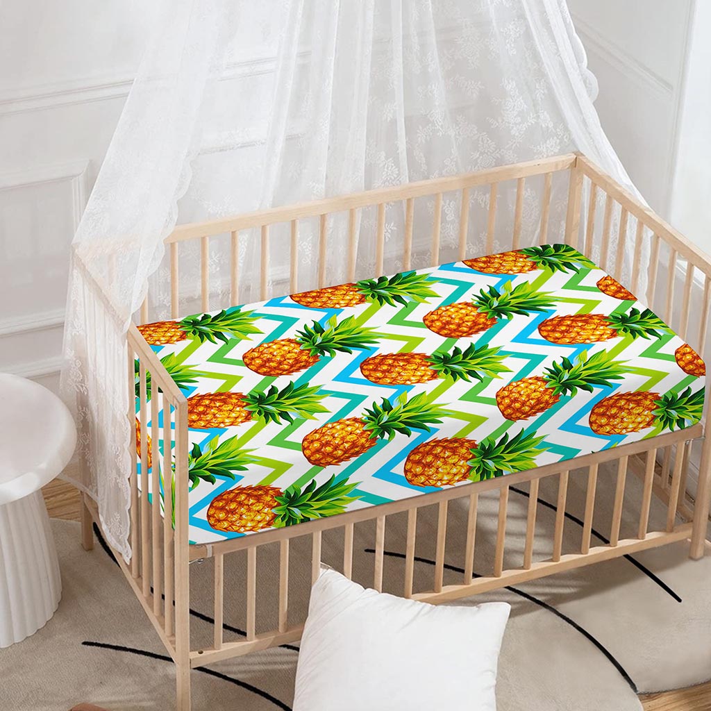 Teal Zig Zag Pineapple Pattern Print Baby Crib Sheet