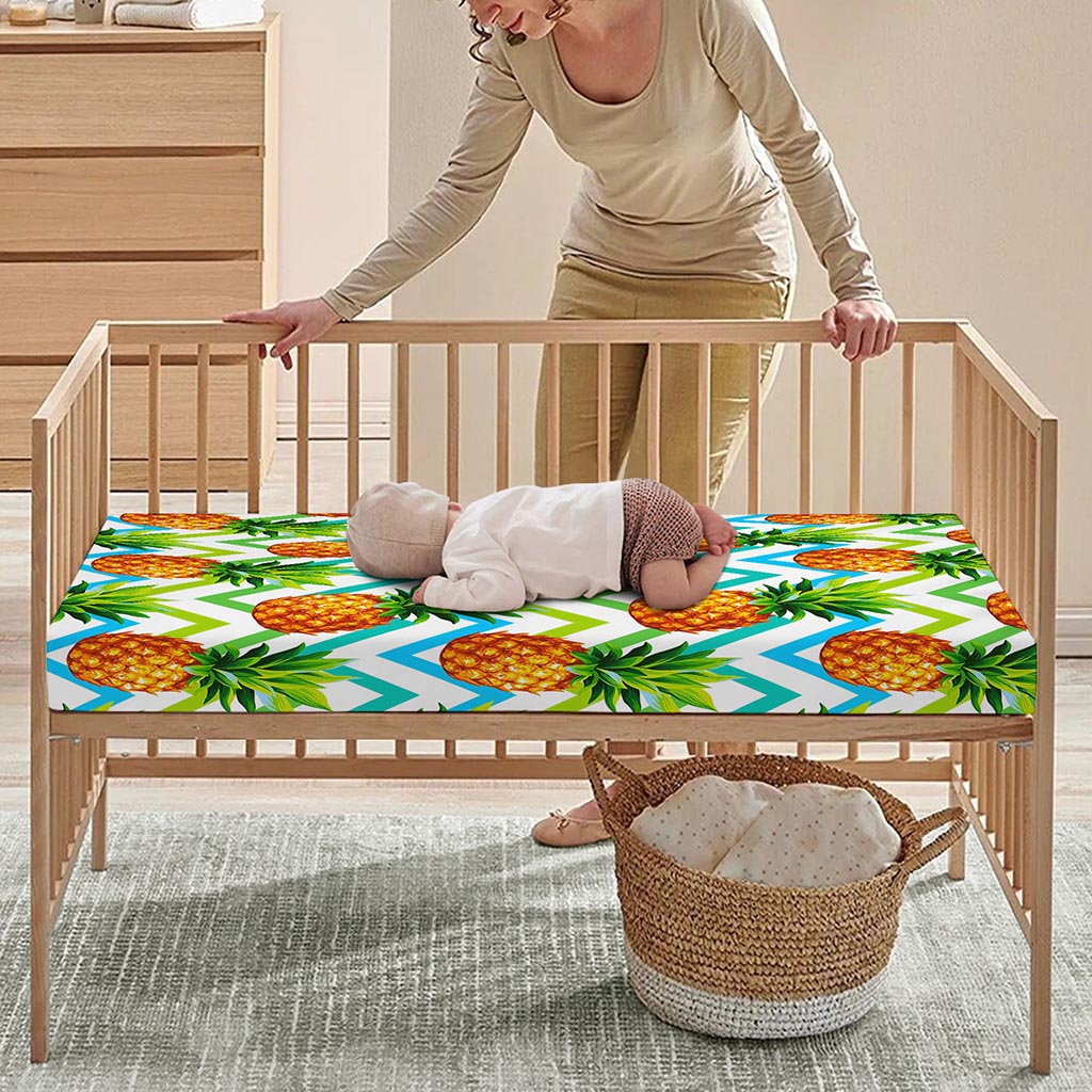 Teal Zig Zag Pineapple Pattern Print Baby Crib Sheet