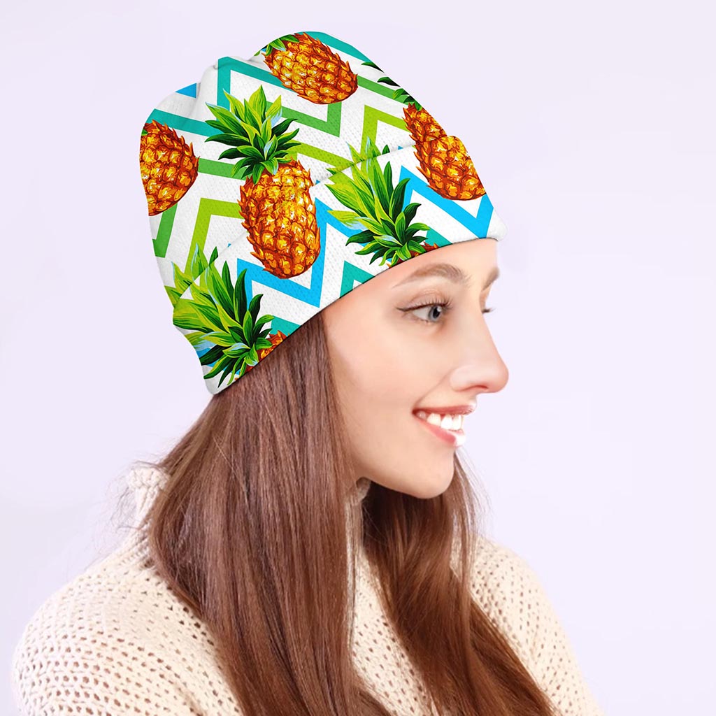 Teal Zig Zag Pineapple Pattern Print Beanie