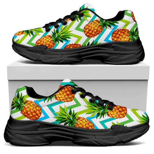 Teal Zig Zag Pineapple Pattern Print Black Chunky Shoes