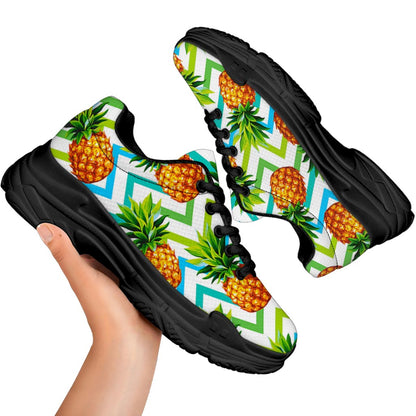 Teal Zig Zag Pineapple Pattern Print Black Chunky Shoes