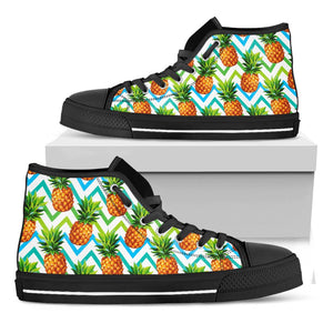 Teal Zig Zag Pineapple Pattern Print Black High Top Sneakers