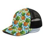Teal Zig Zag Pineapple Pattern Print Black Mesh Trucker Cap