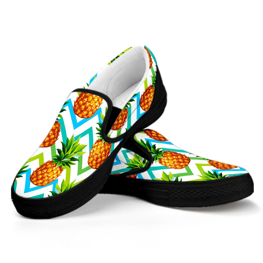 Teal Zig Zag Pineapple Pattern Print Black Slip On Sneakers