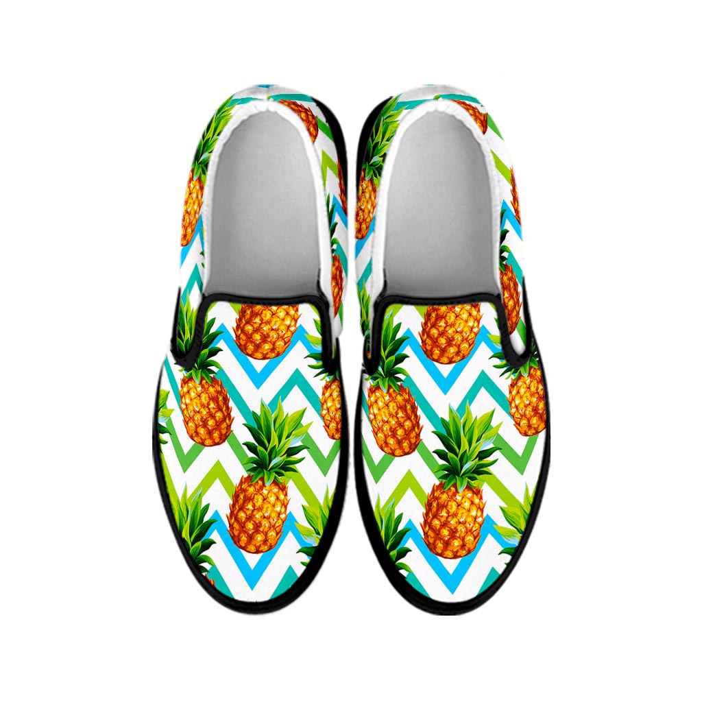 Teal Zig Zag Pineapple Pattern Print Black Slip On Sneakers