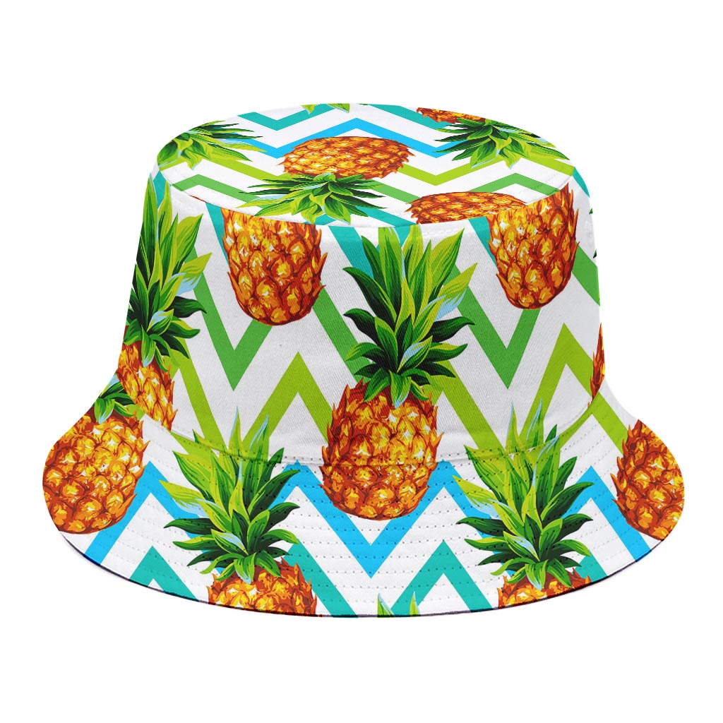 Teal Zig Zag Pineapple Pattern Print Bucket Hat