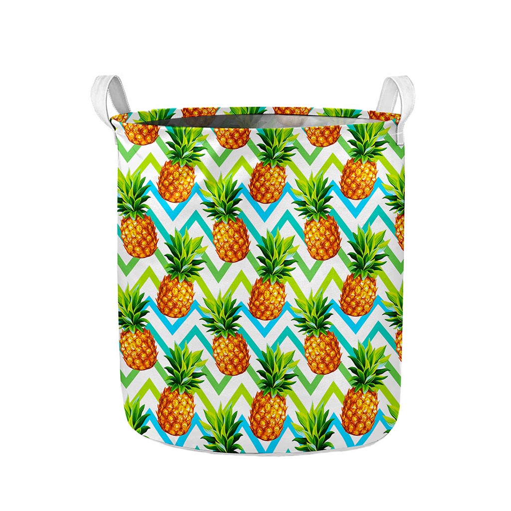 Teal Zig Zag Pineapple Pattern Print Collapsible Laundry Basket