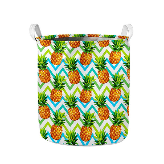Teal Zig Zag Pineapple Pattern Print Collapsible Laundry Basket