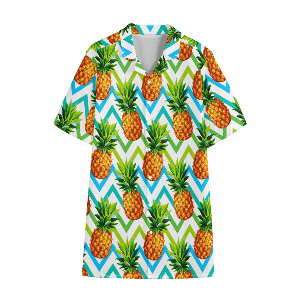 Teal Zig Zag Pineapple Pattern Print Cotton Hawaiian Shirt
