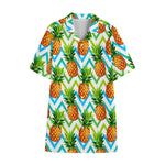 Teal Zig Zag Pineapple Pattern Print Cotton Hawaiian Shirt