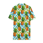 Teal Zig Zag Pineapple Pattern Print Cotton Hawaiian Shirt