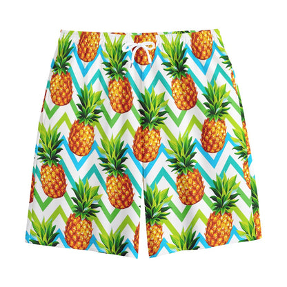 Teal Zig Zag Pineapple Pattern Print Cotton Shorts