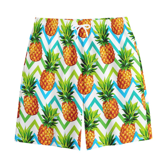 Teal Zig Zag Pineapple Pattern Print Cotton Shorts