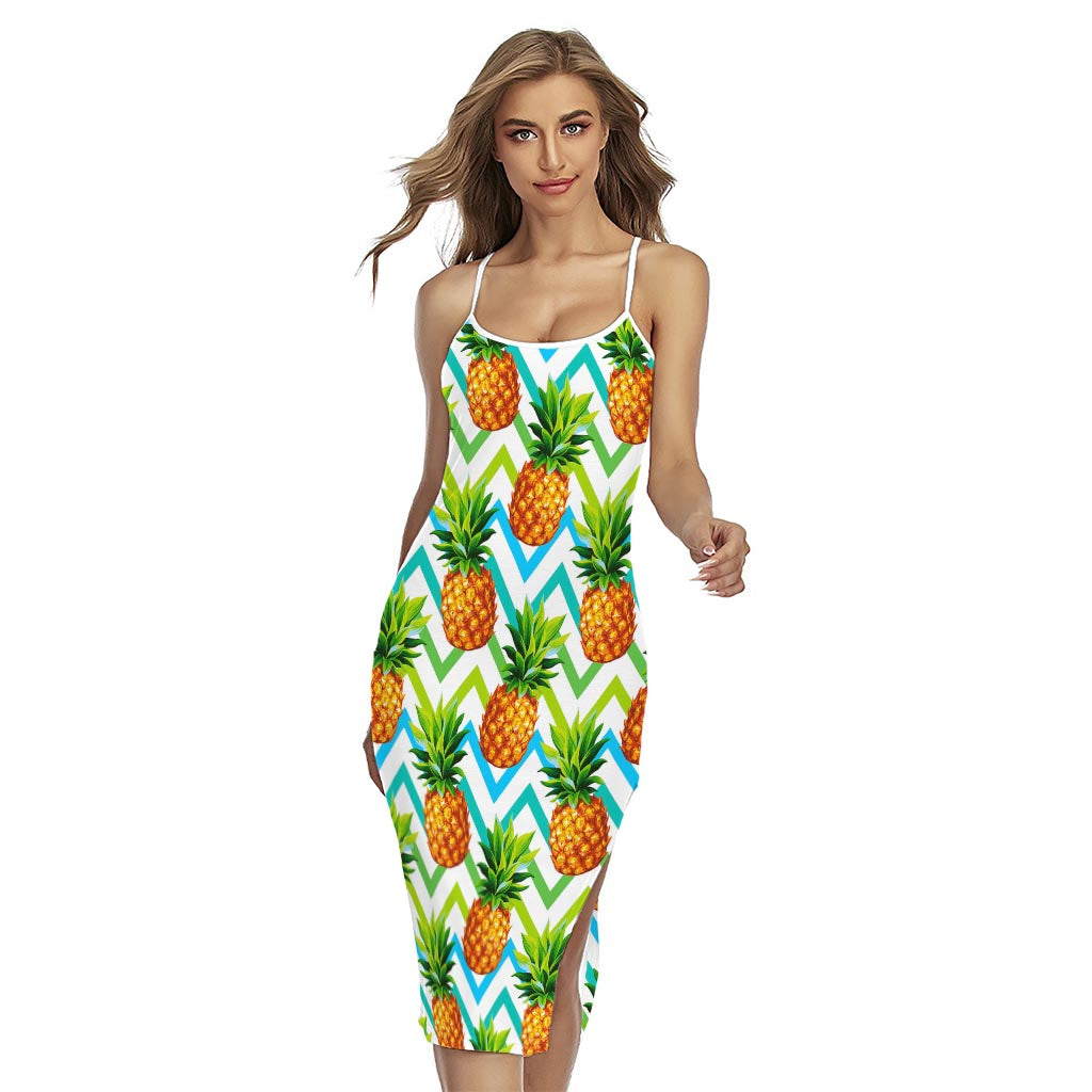 Teal Zig Zag Pineapple Pattern Print Cross Back Cami Dress