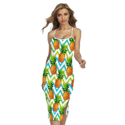Teal Zig Zag Pineapple Pattern Print Cross Back Cami Dress