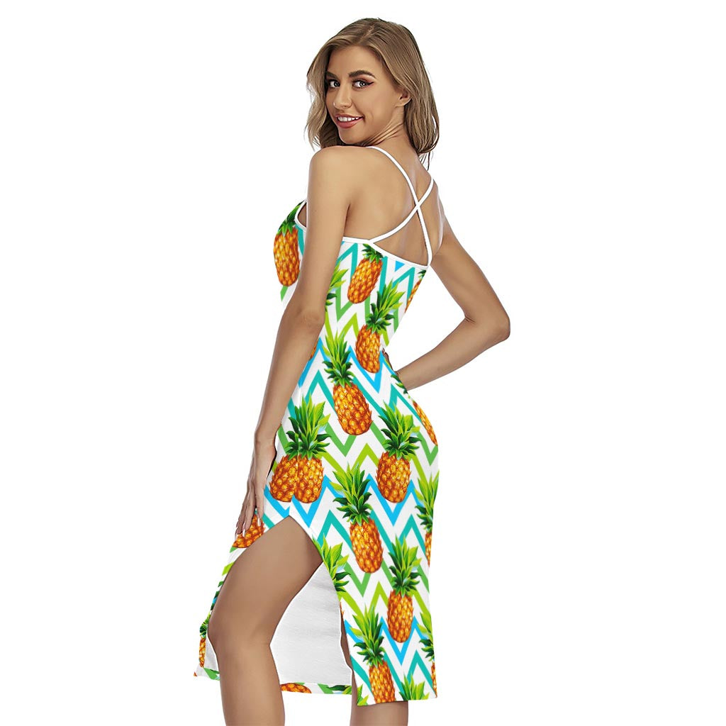 Teal Zig Zag Pineapple Pattern Print Cross Back Cami Dress