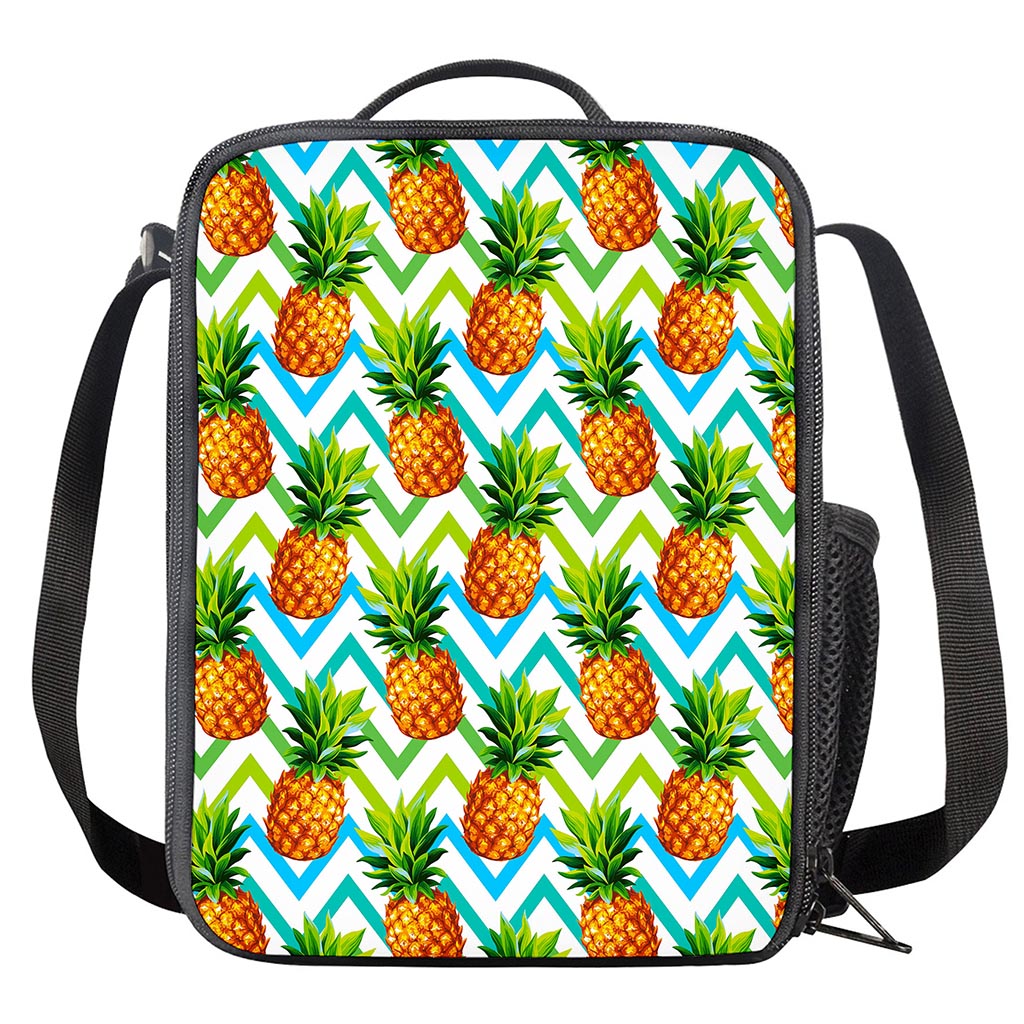 Teal Zig Zag Pineapple Pattern Print Crossbody Lunch Bag