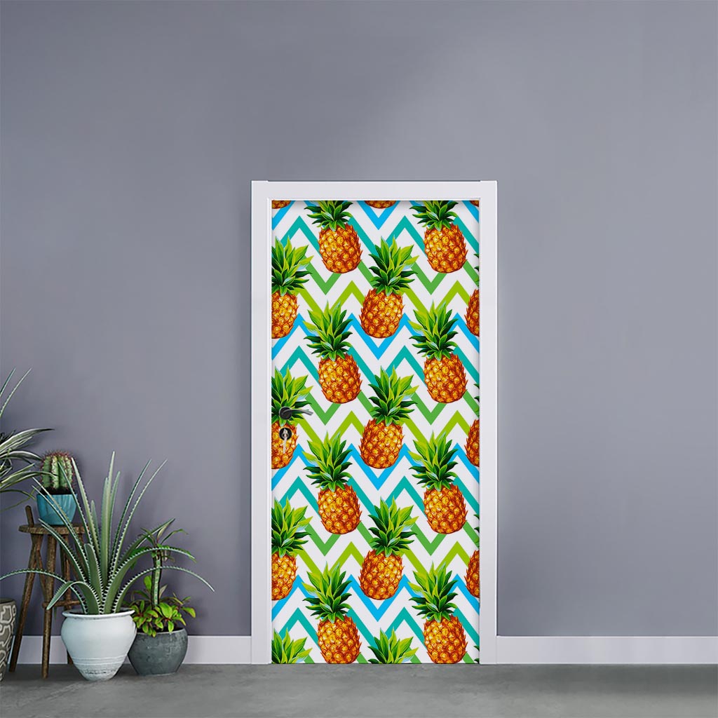 Teal Zig Zag Pineapple Pattern Print Door Sticker