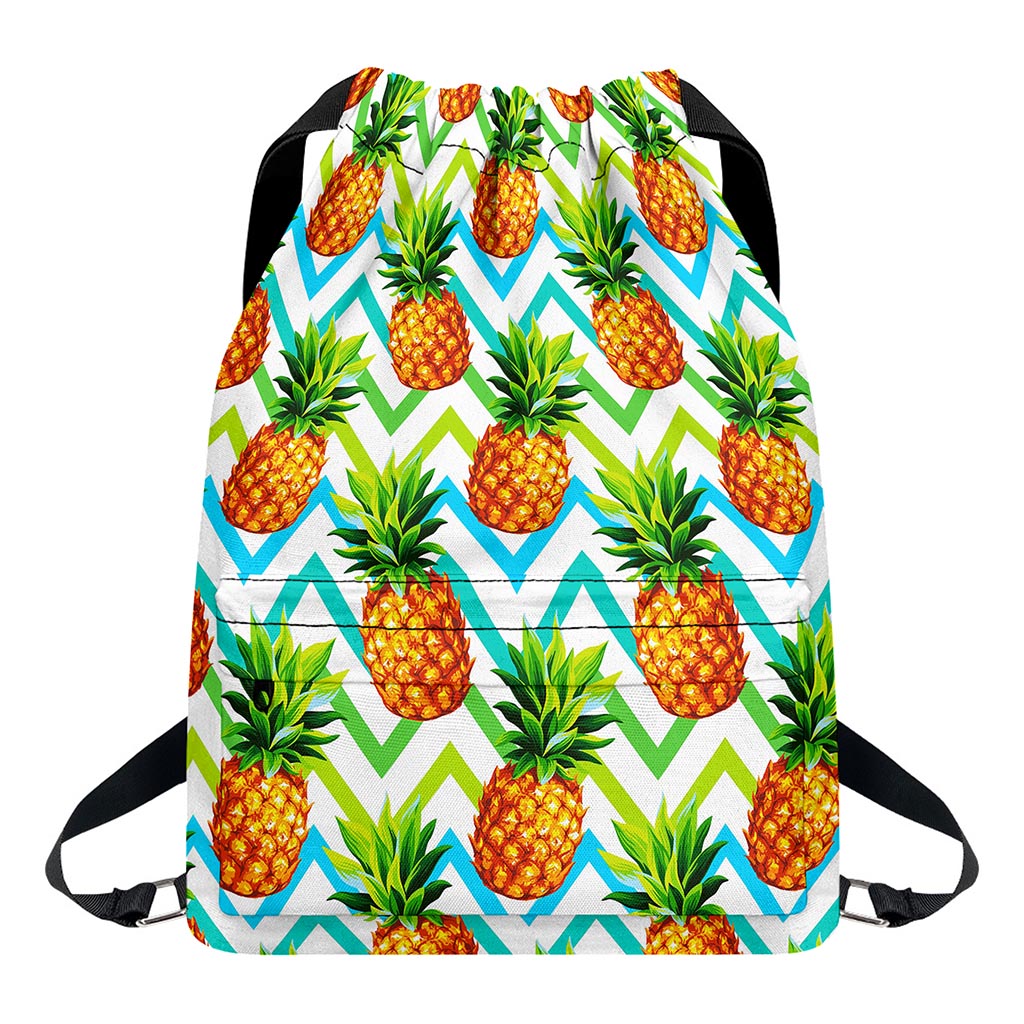Teal Zig Zag Pineapple Pattern Print Drawstring Backpack
