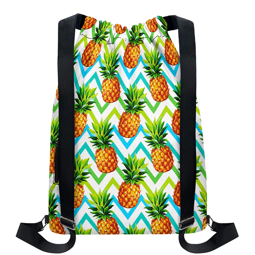 Teal Zig Zag Pineapple Pattern Print Drawstring Backpack