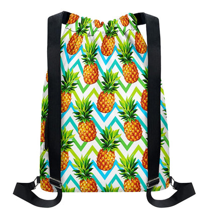 Teal Zig Zag Pineapple Pattern Print Drawstring Backpack