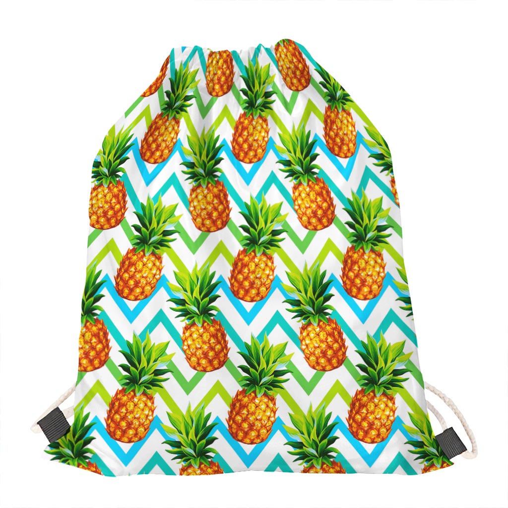 Teal Zig Zag Pineapple Pattern Print Drawstring Bag