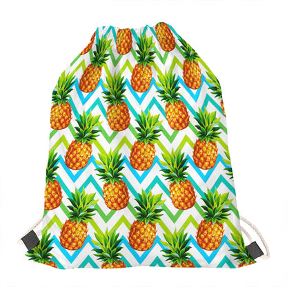Teal Zig Zag Pineapple Pattern Print Drawstring Bag