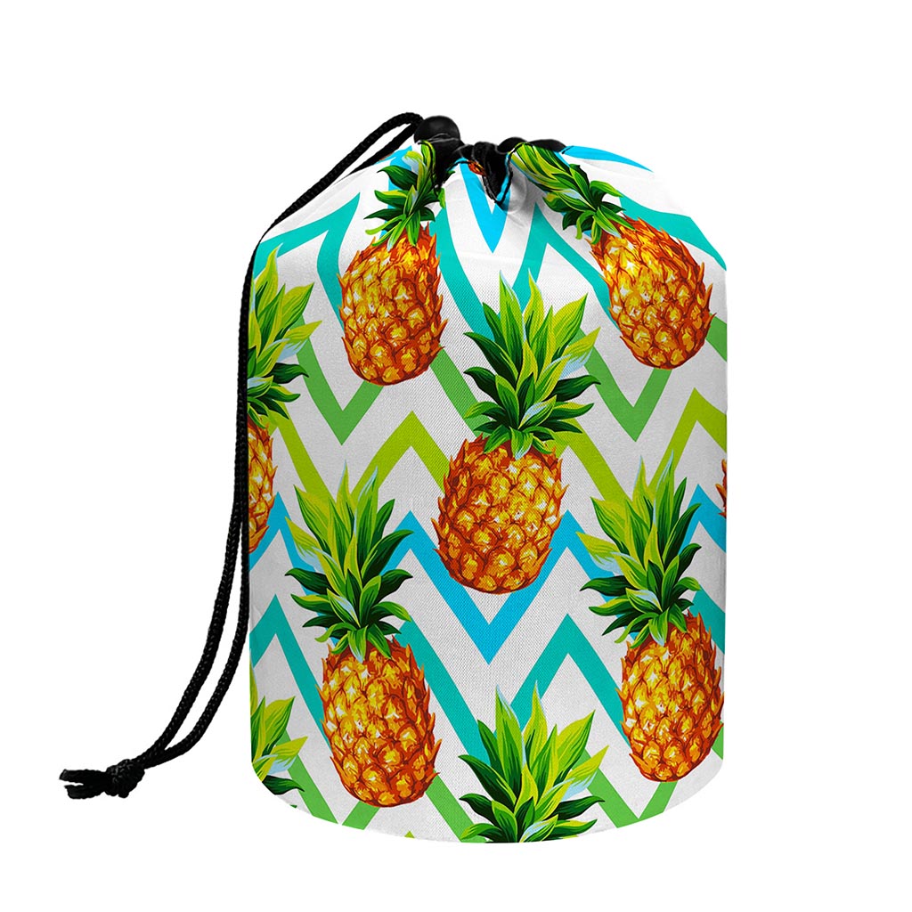 Teal Zig Zag Pineapple Pattern Print Drawstring Makeup Bag