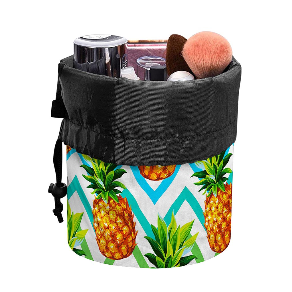 Teal Zig Zag Pineapple Pattern Print Drawstring Makeup Bag