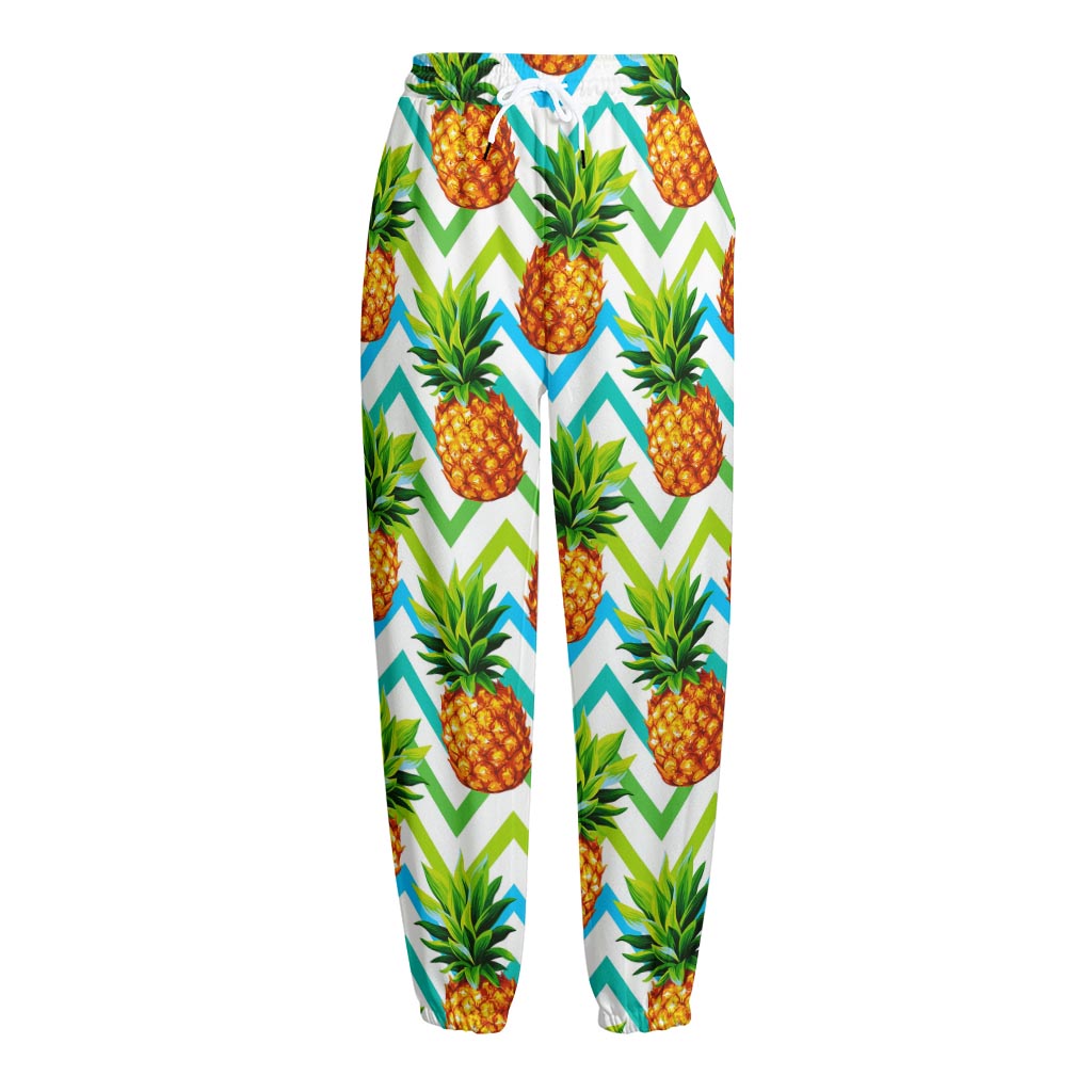 Teal Zig Zag Pineapple Pattern Print Fleece Lined Knit Pants