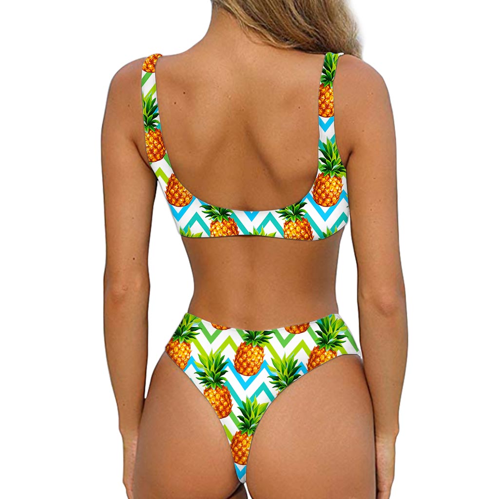 Teal Zig Zag Pineapple Pattern Print Front Bow Tie Bikini