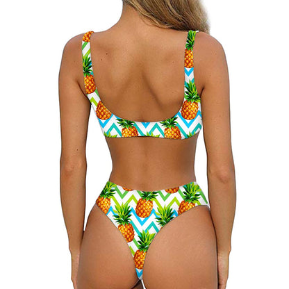 Teal Zig Zag Pineapple Pattern Print Front Bow Tie Bikini