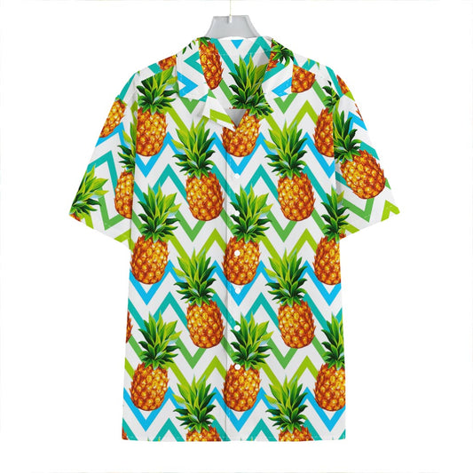 Teal Zig Zag Pineapple Pattern Print Hawaiian Shirt