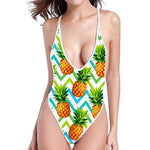 Teal Zig Zag Pineapple Pattern Print High Cut One Piece Swimsuit