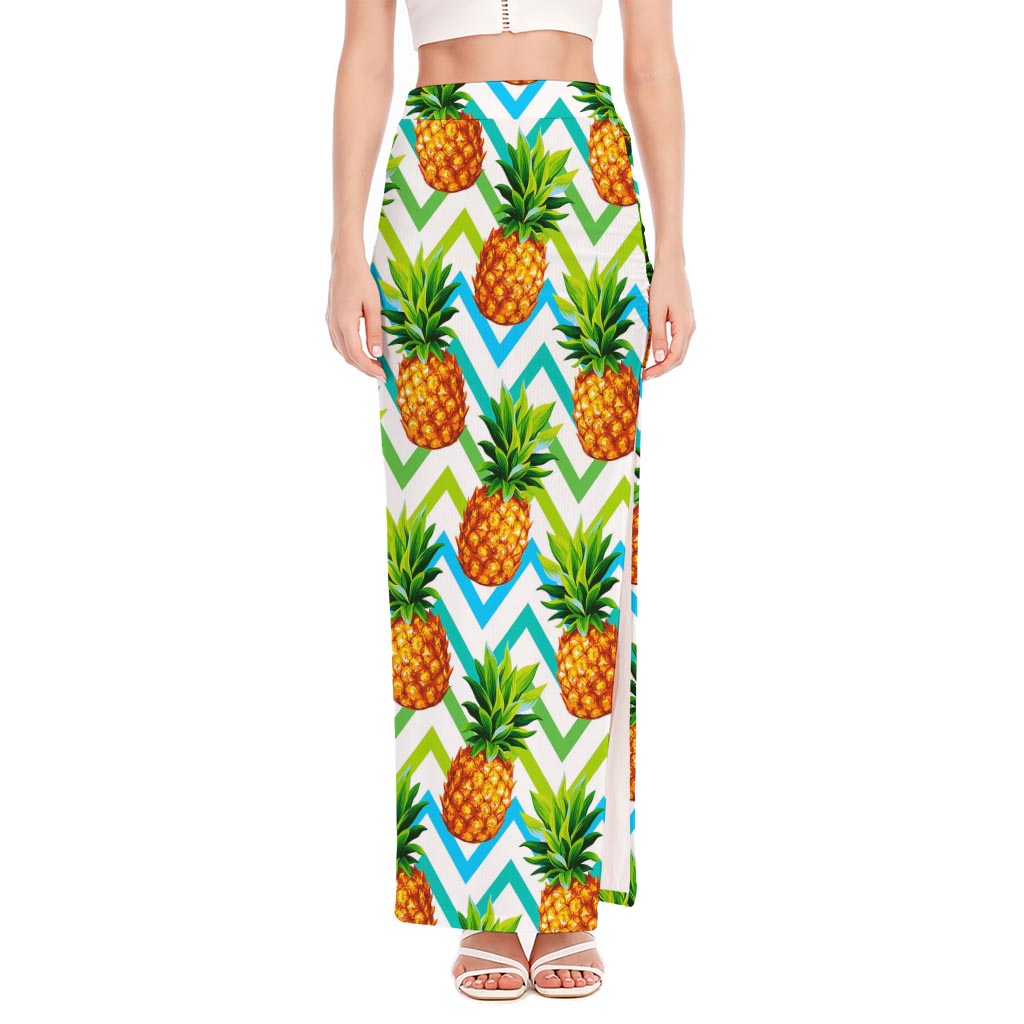 Teal Zig Zag Pineapple Pattern Print High Slit Maxi Skirt