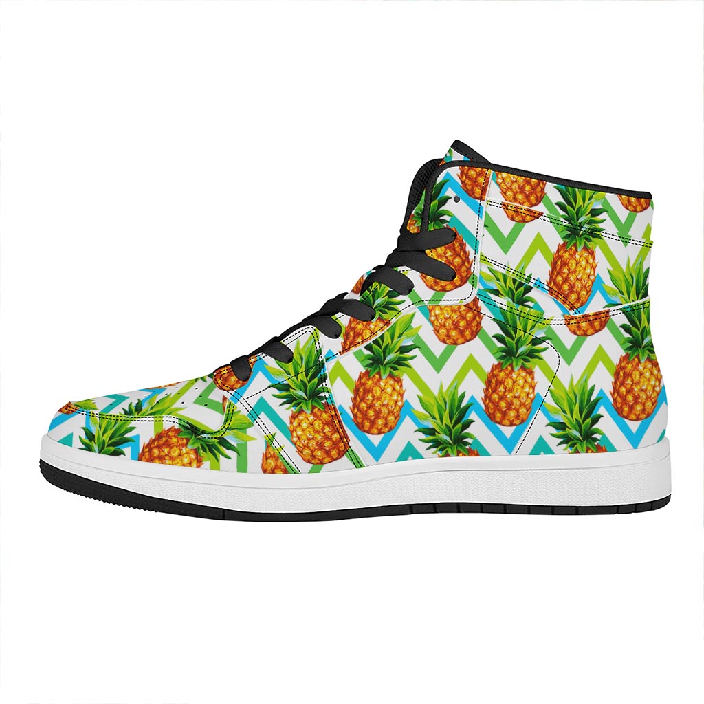 Teal Zig Zag Pineapple Pattern Print High Top Leather Sneakers