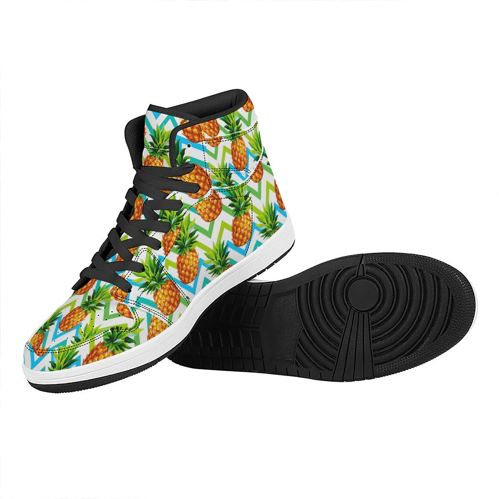 Teal Zig Zag Pineapple Pattern Print High Top Leather Sneakers