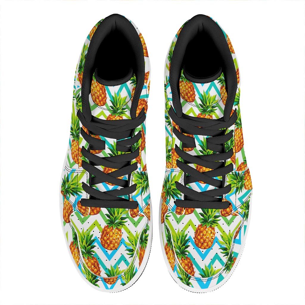 Teal Zig Zag Pineapple Pattern Print High Top Leather Sneakers