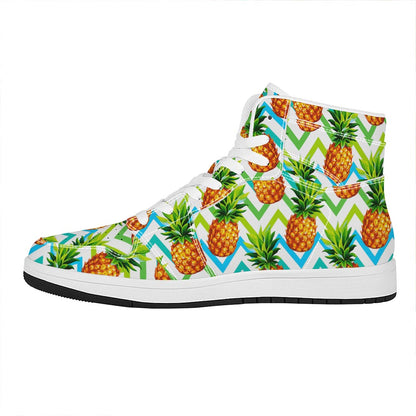Teal Zig Zag Pineapple Pattern Print High Top Leather Sneakers
