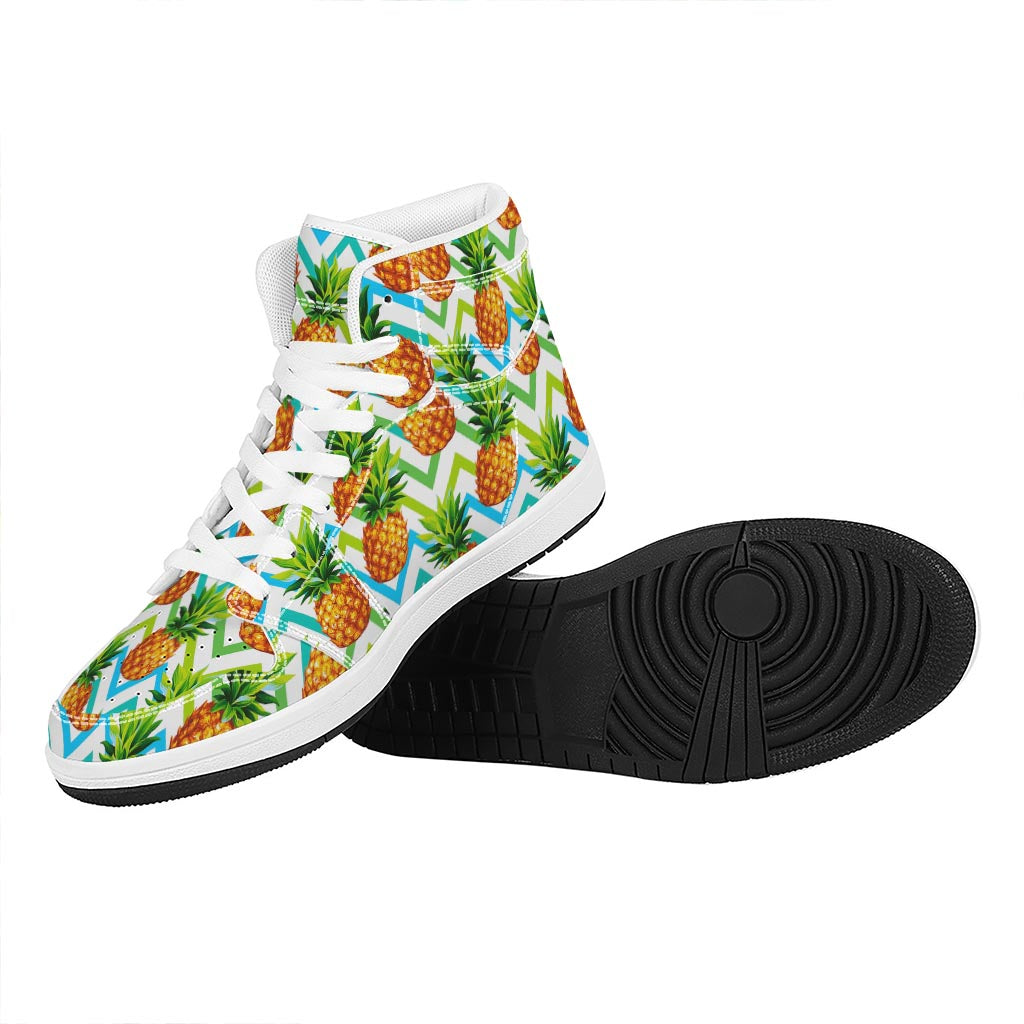 Teal Zig Zag Pineapple Pattern Print High Top Leather Sneakers