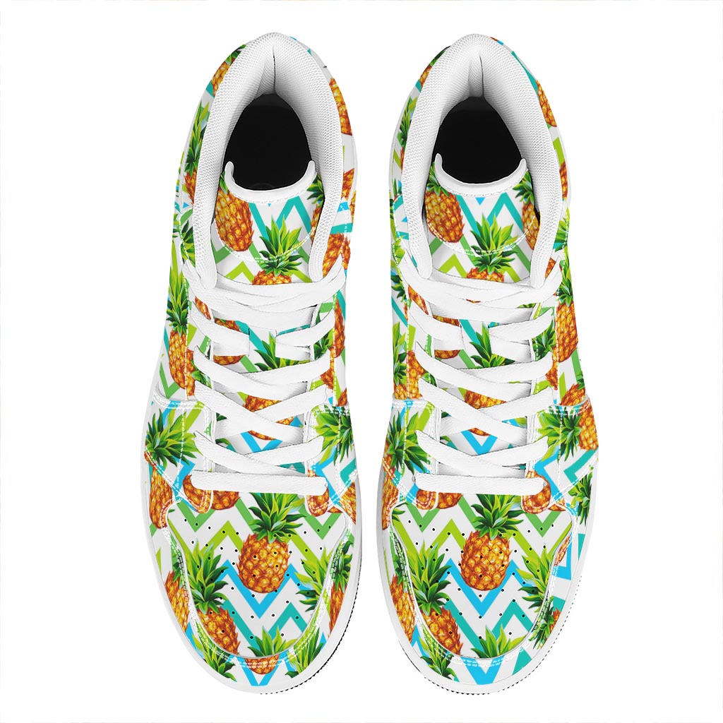 Teal Zig Zag Pineapple Pattern Print High Top Leather Sneakers
