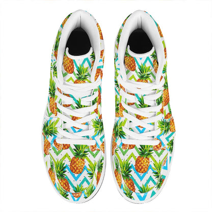 Teal Zig Zag Pineapple Pattern Print High Top Leather Sneakers