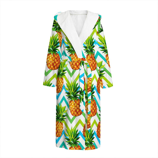 Teal Zig Zag Pineapple Pattern Print Hooded Bathrobe