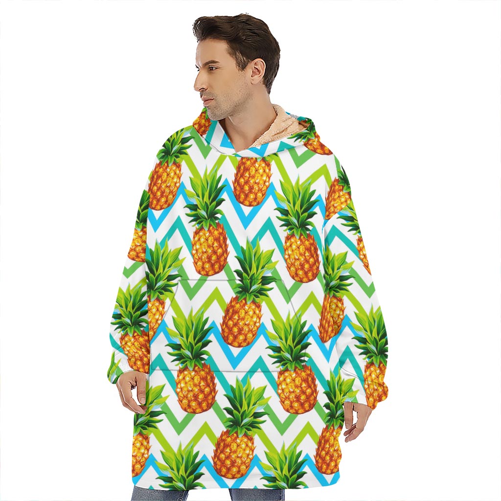 Teal Zig Zag Pineapple Pattern Print Hoodie Blanket