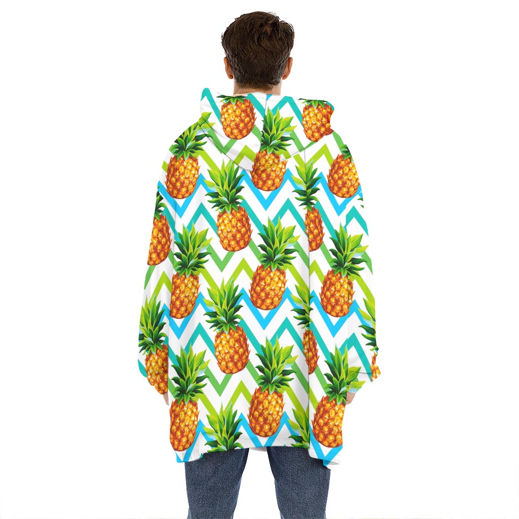 Teal Zig Zag Pineapple Pattern Print Hoodie Blanket